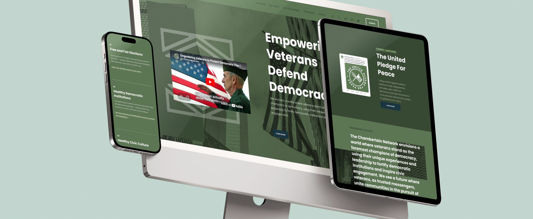 A branded composite featuring The Chamberlain Network identity, website homepage, and launch materials.